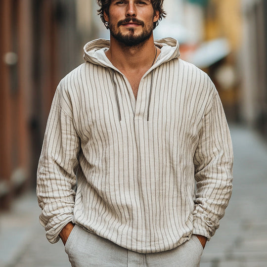 Men's Casual Loose Vertical Striped Cotton and Linen Hoodie 9892386439352