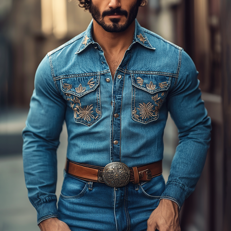 Men's Western Cowboy Style Embroidered Lapel Chest Pocket Long Sleeve Denim Shirt 9905398350008