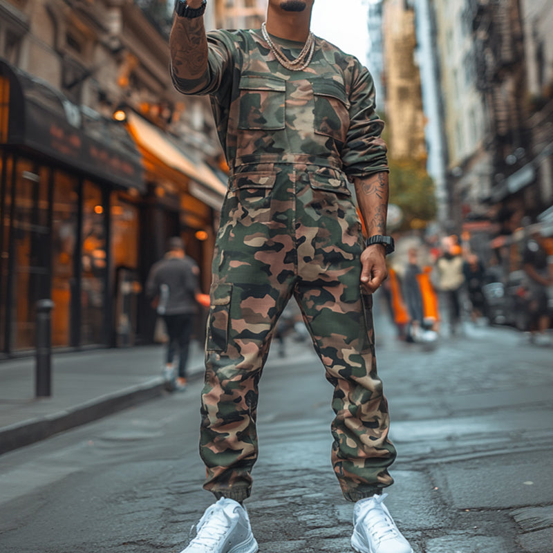 Men's Retro Casual Camouflage Print Multi-Pocket Outdoor Jumpsuit 9901325484216