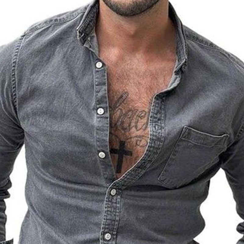 Men's Vintage Washed Denim Slim Fit Long Sleeve Shirt 9901327548600