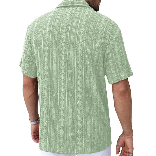 Men's Lace Short Sleeve Lapel Solid Color Shirt 9956142579896