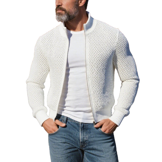 Men's Stand Collar Long Sleeve Hollow Out Knitted Zip Up Jacket Dtt606081720