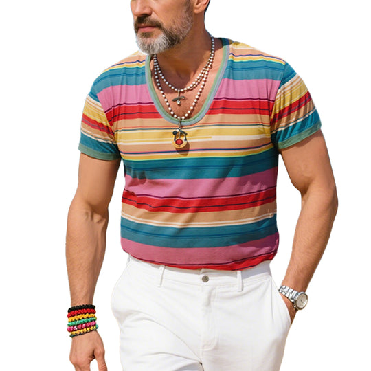 Men's Vintage Rainbow Stripe Print Crew Neck Short Sleeve T-Shirt Dtt117702328