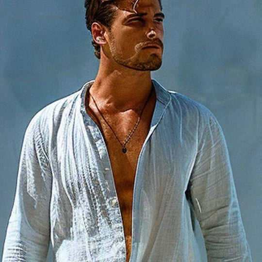 Men's Cotton and Linen Casual Stand Collar Long Sleeve Shirt 9894194708664