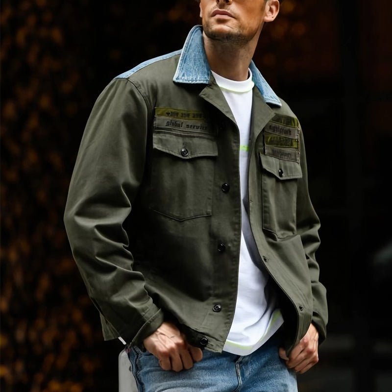 Men's Vintage Army Green Cotton Denim Patchwork Jacket 9911548084408