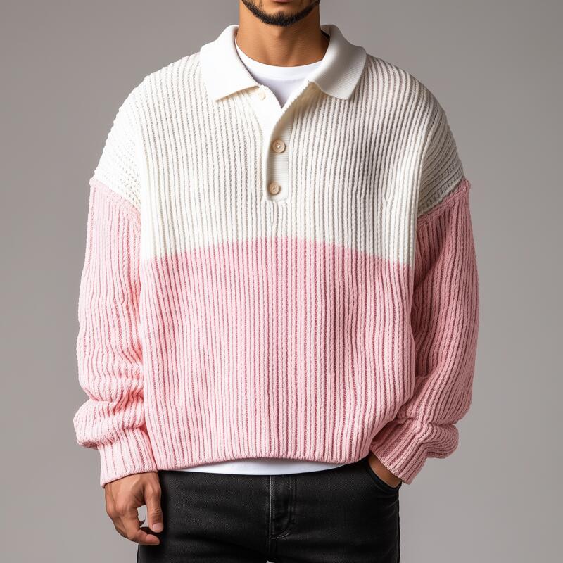 Men's Casual Contrast Color Polo Collar Loose Knit Long Sleeve Pullover Sweater DTT25082801
