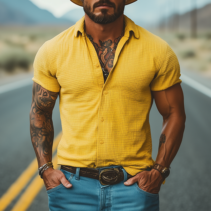 Men's Casual Classic American Western Tough Guy Style Knitted Waffle Slim Short Sleeve Shirt DTT25053013