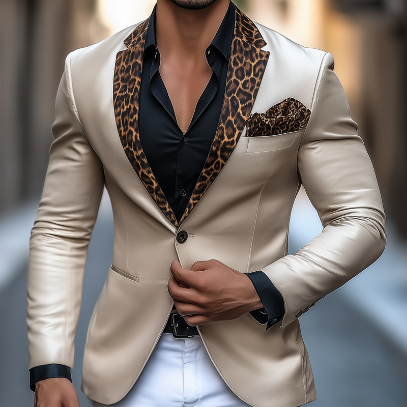 Men's Stylish Elegant Leopard Print Satin Patchwork Notch Lapel Single-breasted Slim-fit Blazer DTT25081504