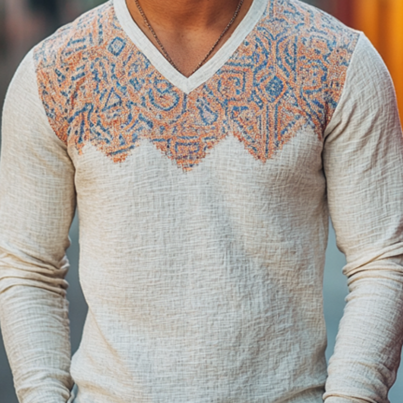 Men's Vintage Casual Cotton Blended Digital Printed V-Neck Long Sleeve T-Shirt 9911546740920