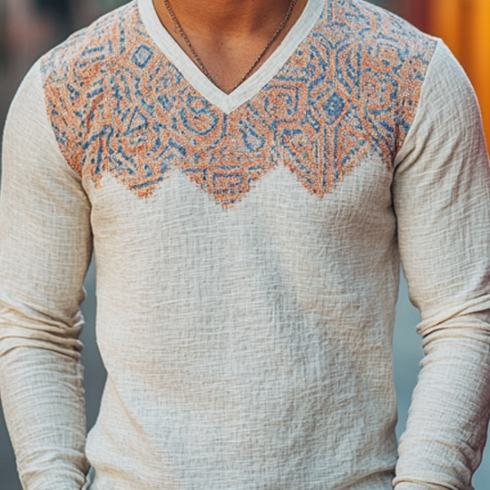 Men's Vintage Casual Cotton Blended Digital Printed V-Neck Long Sleeve T-Shirt 9911546740920