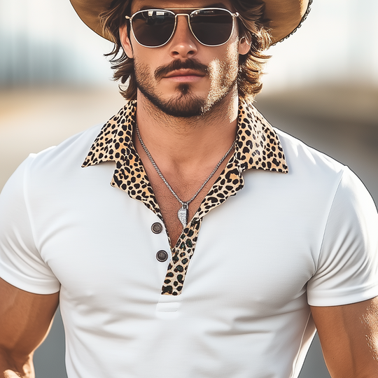 Men's Spring And Summer Classic Casual Western Retro Cotton Blended Leopard Print Short-Sleeved Polo Shirt DDT25052920