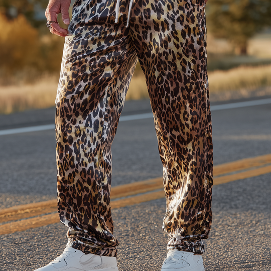 Men's Fashion Casual Leopard Print Satin Elastic Waist Loose Pants DTT25071709