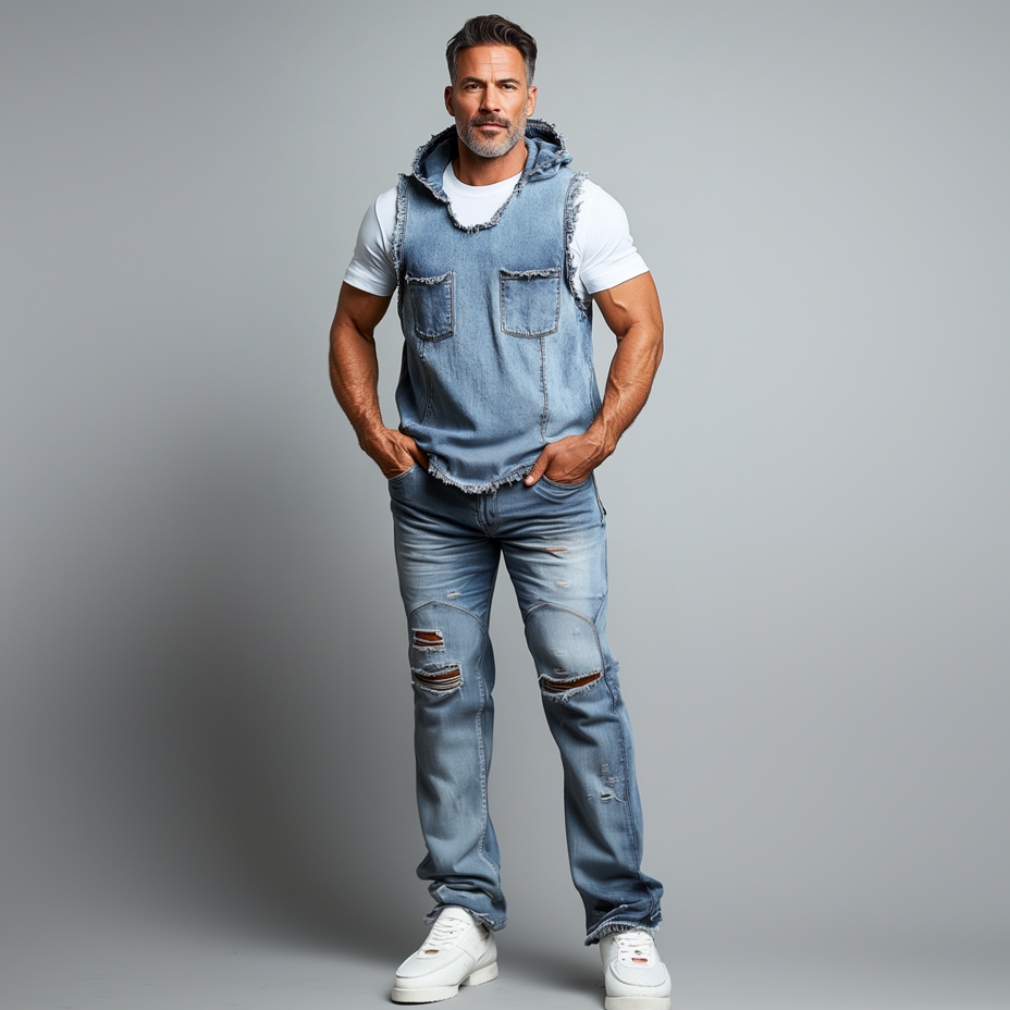 Men's Denim Raw Edge Chest Pocket Sleeveless Hooded Vest 9903588180152