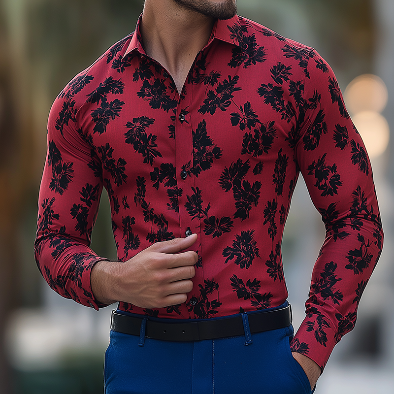 Men's Retro Casual Floral Print Lapel Long Sleeve Shirt DTT25082024