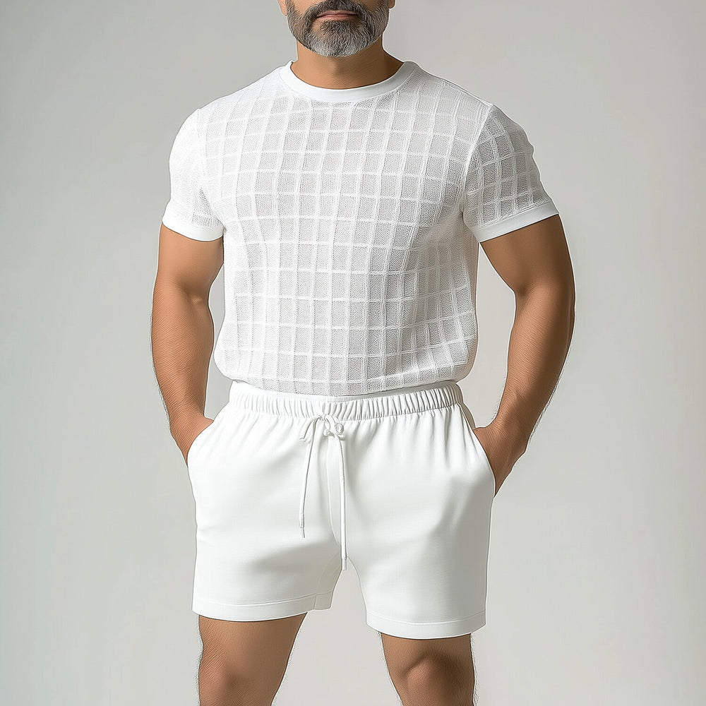 Men's Casual Crew Neck Short Sleeve Grid Textured T-Shirt 9953098170552