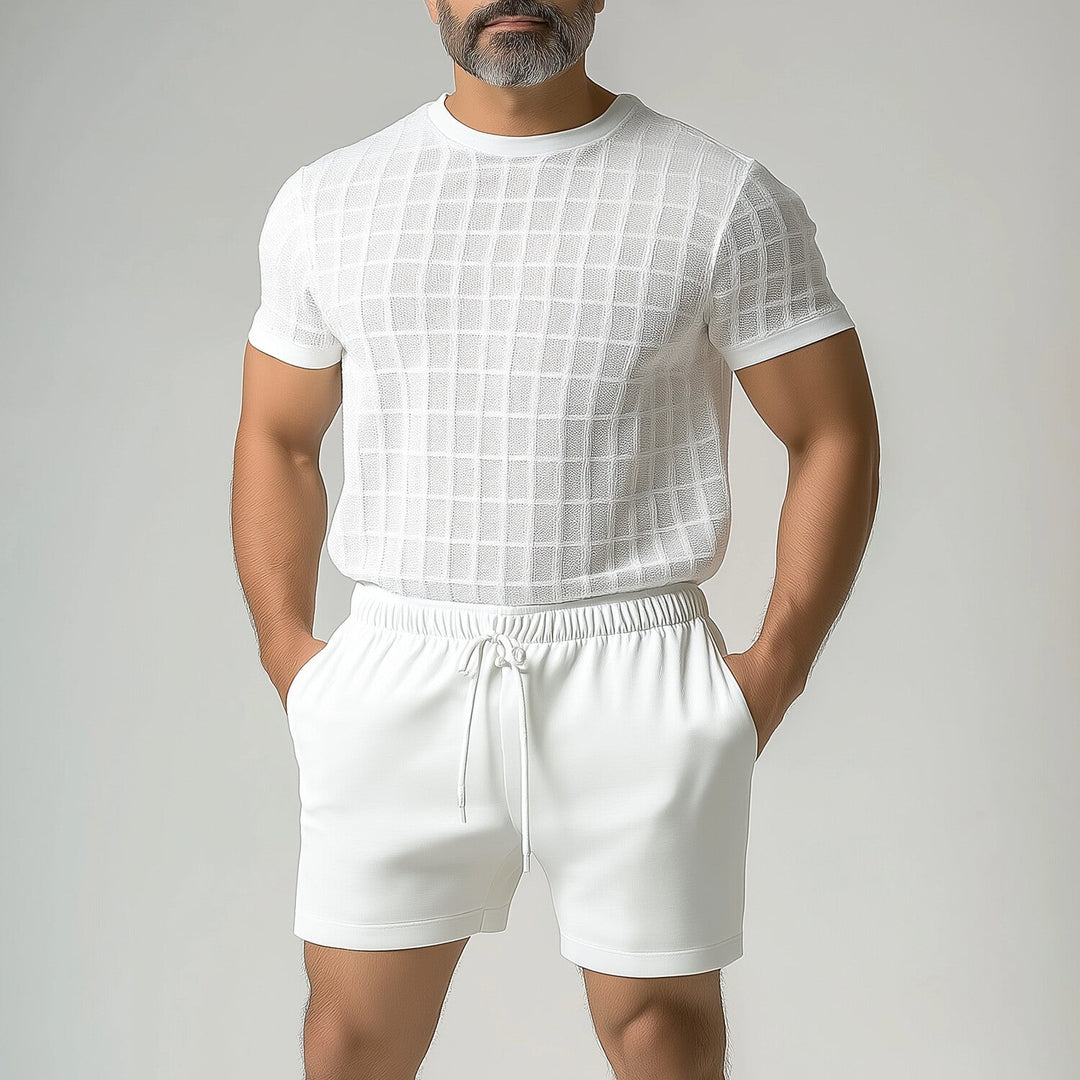 Men's Casual Crew Neck Short Sleeve Grid Textured T-Shirt 9953098170552
