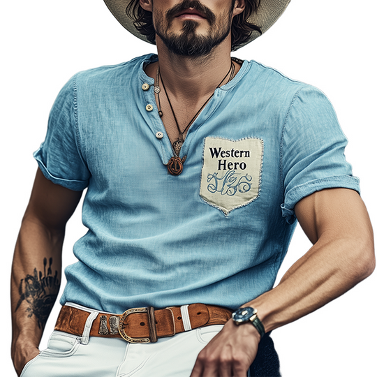 Men's Spring And Summer Fashion Casual Western Cowboy Style Tencel Denim Patchwork Embroidery Henry Collar Short Sleeve T-shirt DTT25060601