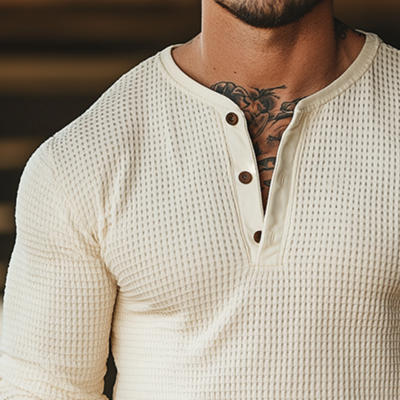 Men's Retro Casual Waffle Henley Neck Long Sleeve T-Shirt DTT25082504