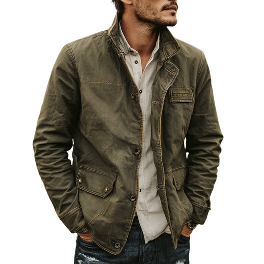 Men's Washed Cotton Stand Collar Multi-pocket Cargo Jacket DTT25090408