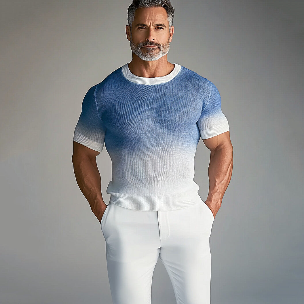 Men's Crew Neck Short Sleeve Gradient Knitted T-Shirt 9903586672824