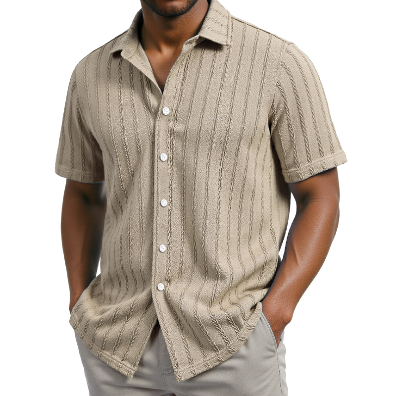 Men's Solid Color Striped Textured Short Sleeve Shirt DTT25062617