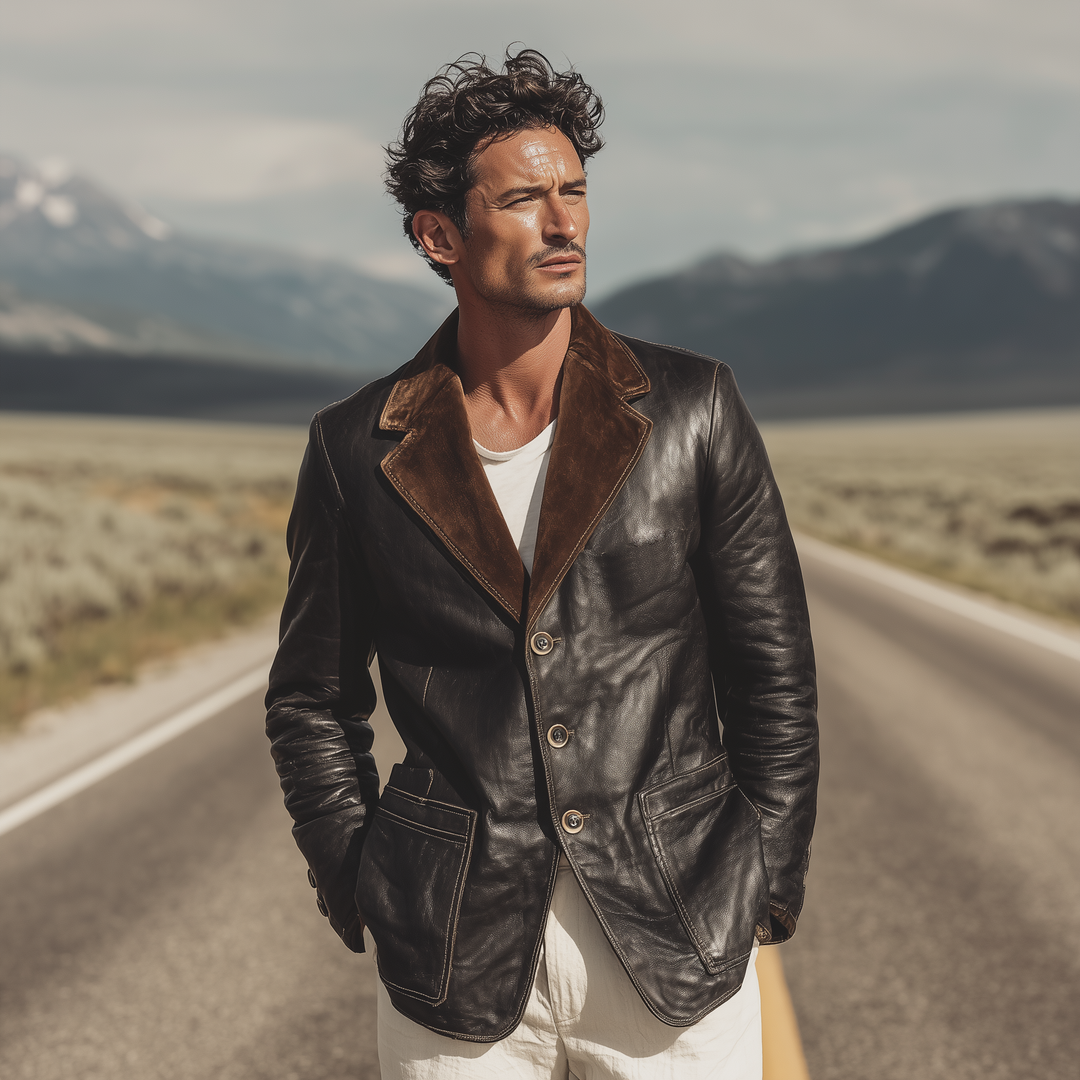 Men's Classic Retro Western Cowboy Style Suede Collar Single-breasted PU Leather Blazer DTT25081415