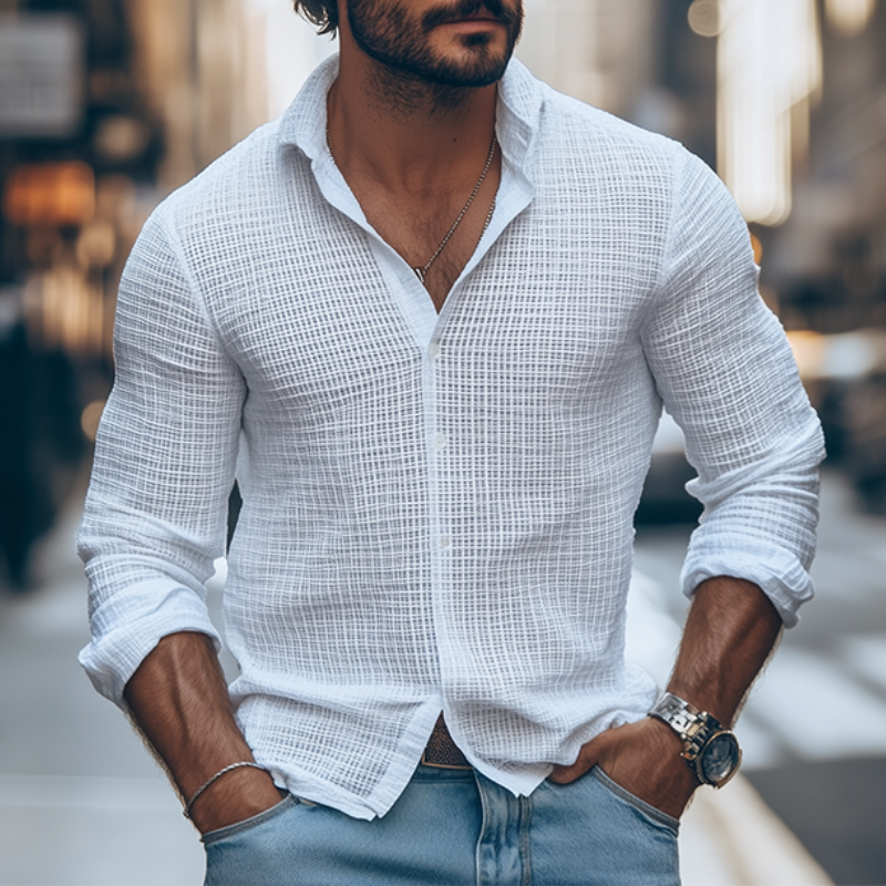 Men's Classic Casual Slim Fit Solid Color Waffle Long Sleeve Shirt 9909010104504