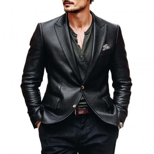 Men's Vintage Litchi Texture PU Peak Lapel Single-Breasted Slim-Fit Blazer DTT25082505