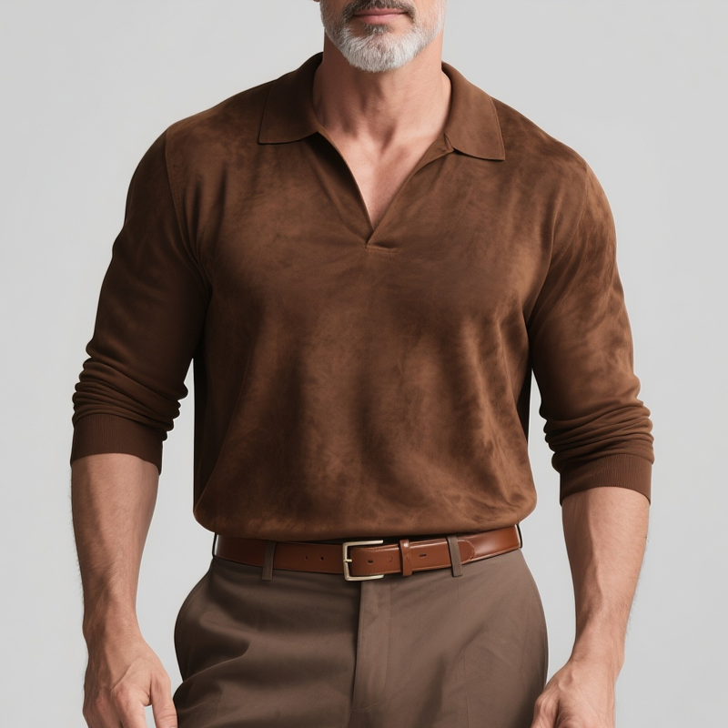 Men's Solid Faux Suede Lapel Long Sleeve Polo Shirt DTT25073113