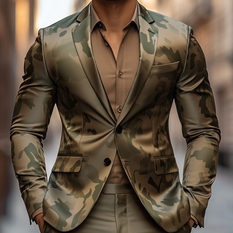 Men's Casual Camouflage Print Satin Notch Lapel Single Breasted Slim Fit Blazer DTT25080106