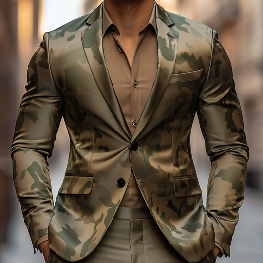 Men's Casual Camouflage Print Satin Notch Lapel Single Breasted Slim Fit Blazer DTT25080106