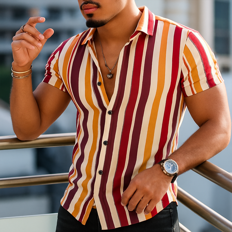 Men's Summer Classic Color Vertical Striped Short Sleeve Shirt DTT25061014
