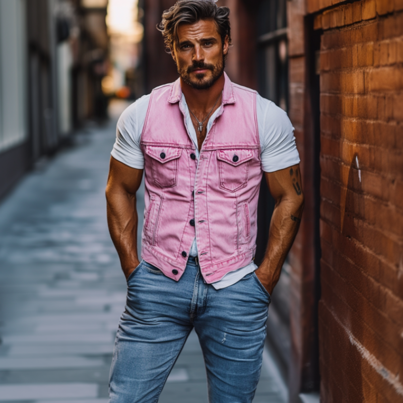 Men's Retro Classic Casual Slim Lapel Multi-Pocket Washed Denim Vest 9906107646136