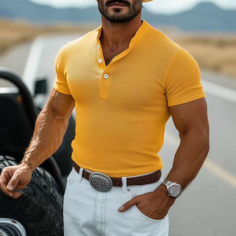 Men's Spring And Summer Fashion Casual Western Style Henley Collar Slim Fit Knit Short Sleeve T-Shirt DTT25060623