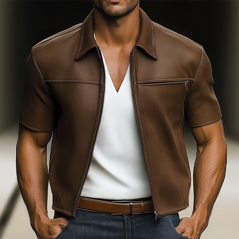 Men's Summer Light Leather Zip-Up Short Sleeve Shirt DTT25061712
