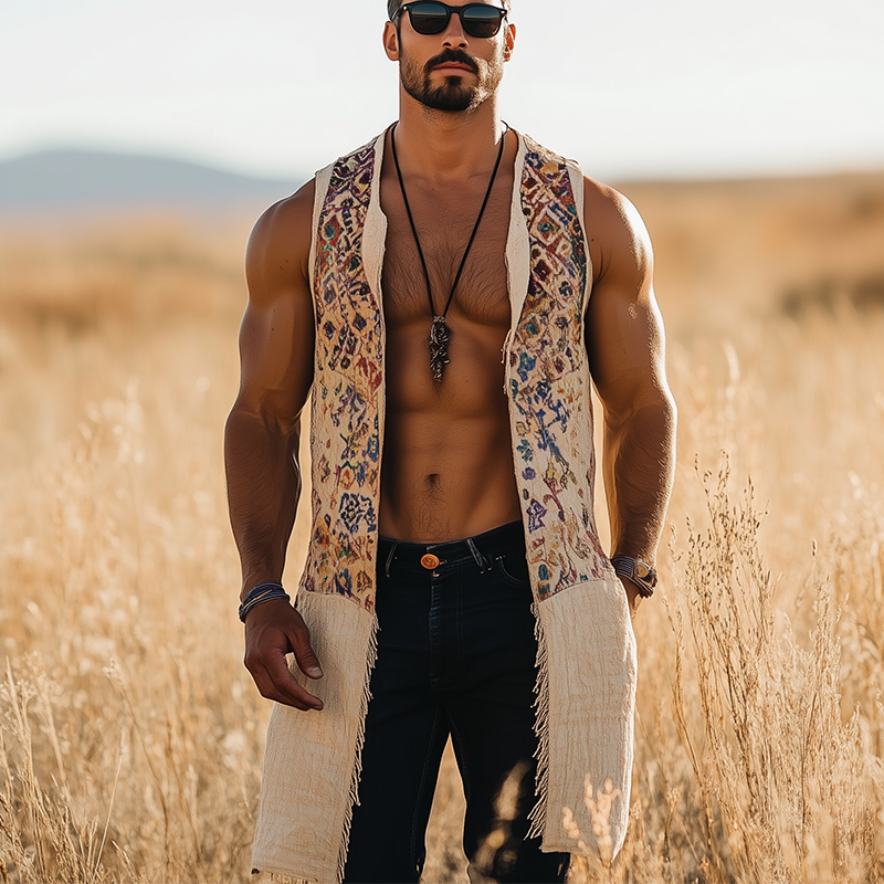 Men's Summer Fashion Printed Linen Blended Sleeveless Long Vest DTT25070110