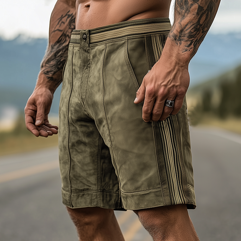 Men's Summer Fashion American Western Tough Suede Stitching Ribbon Casual Shorts DTT25061220