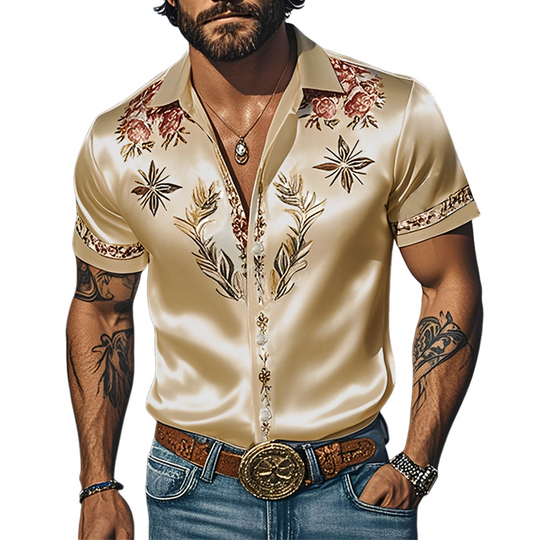Men's Spring And Summer Fashion Casual Western Cowboy Style Satin Champagne Gold Print Short Sleeve Shirt DTT25060615