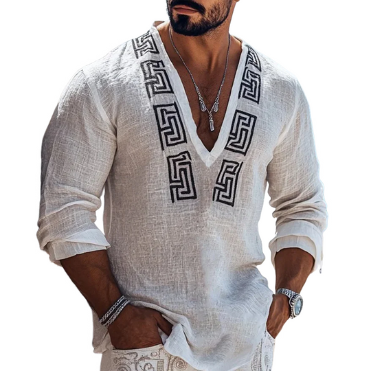 Men's Fashion Embroidery V Neck Long Sleeve Cotton And Linen Shirt 9899715264696