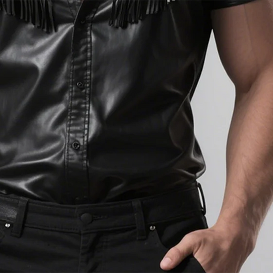 Men's Leather Fringe Lapel Short Sleeve Shirt DTT25071515