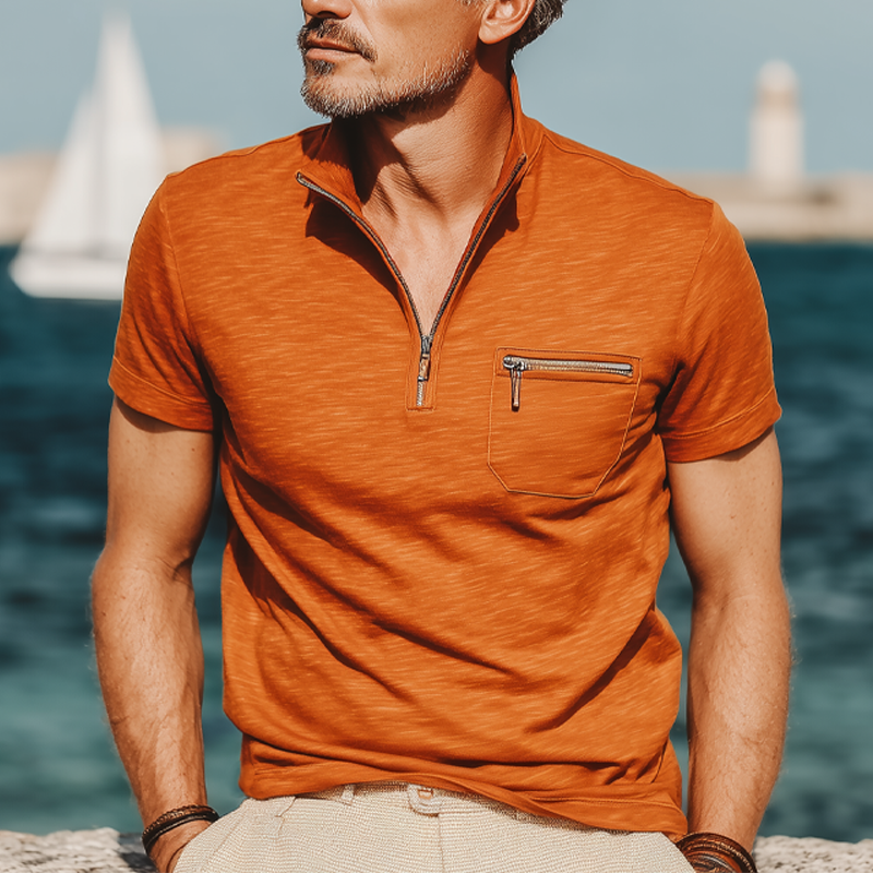 Men's Business Cotton Stand Collar Quarter Zip Short Sleeve T-Shirt DTT25071007