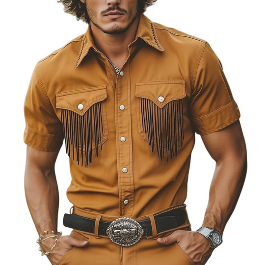 Men's Summer Western Cowboy Style Tassel Short Sleeve Shirt DTT25061309