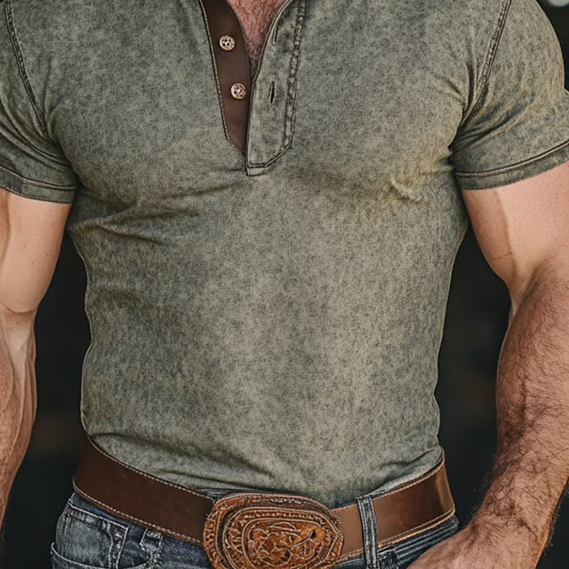 Men's Colorblock Printed Short Sleeve Henley Neck T-Shirt DTT25062602