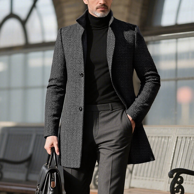 Men's Vintage Dark Grey Herringbone Mid-Length Coat Dtt839720632