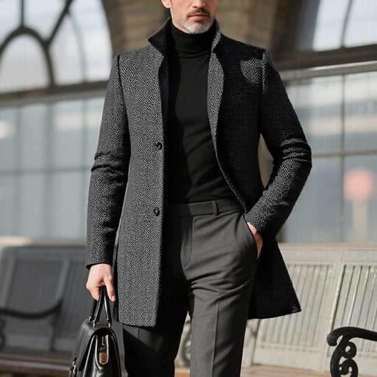 Men's Vintage Dark Grey Herringbone Mid-Length Coat Dtt839720632