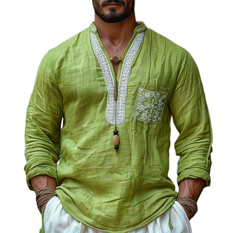 Men's Ethnic Style V Neck Long Sleeve Cotton And Linen Loose Shirt 9899715035320