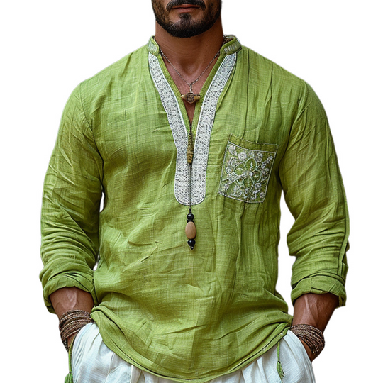 Men's Ethnic Style V Neck Long Sleeve Cotton And Linen Loose Shirt 9899715035320