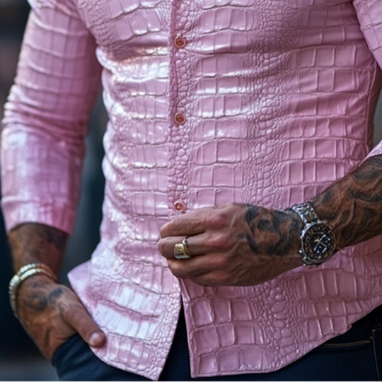 Men's Fashion Slim Fit Solid Color Textured Leather Long Sleeve Shirt 9899713888440