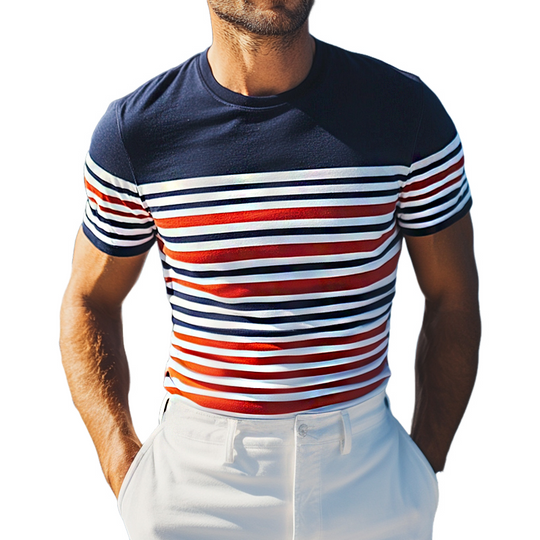 Men's Retro Casual Striped Printed Elastic Slim Round Neck Short Sleeve T-Shirt DDT25052910