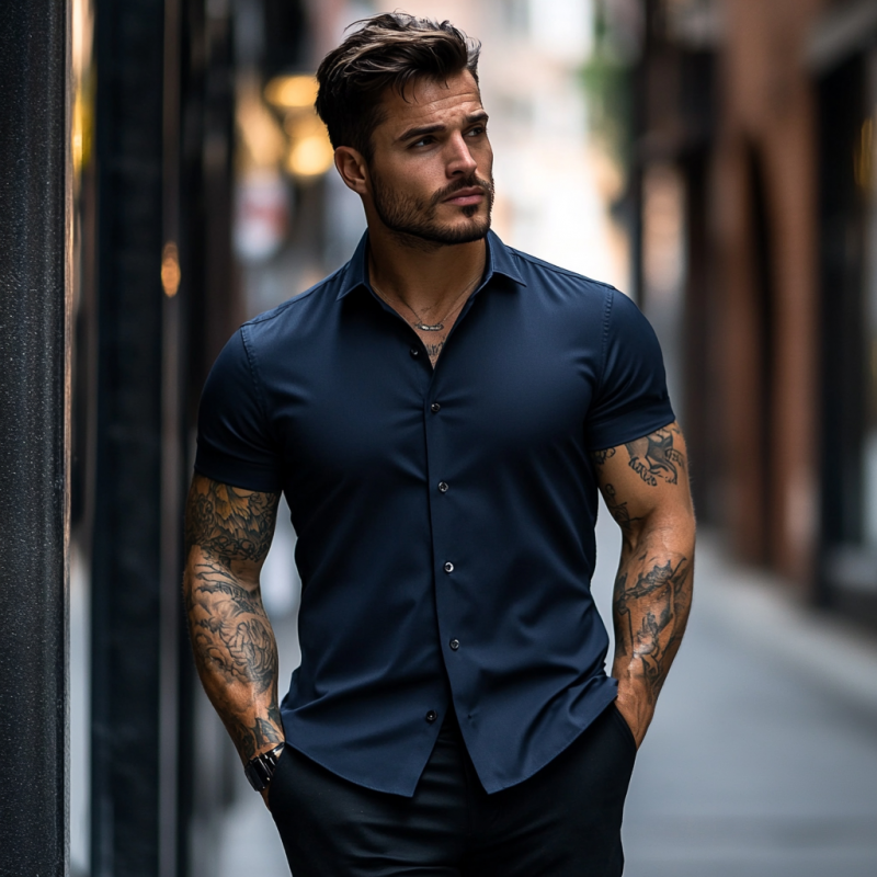 Men's Casual Soft Breathable Cotton Lapel Slim Fit Short Sleeve Shirt DTT25060902